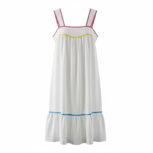 Vintage Dresses & Skirts - Vintage White Smocked House Dress Nightgown Pink Blue Trim Pockets USA Small